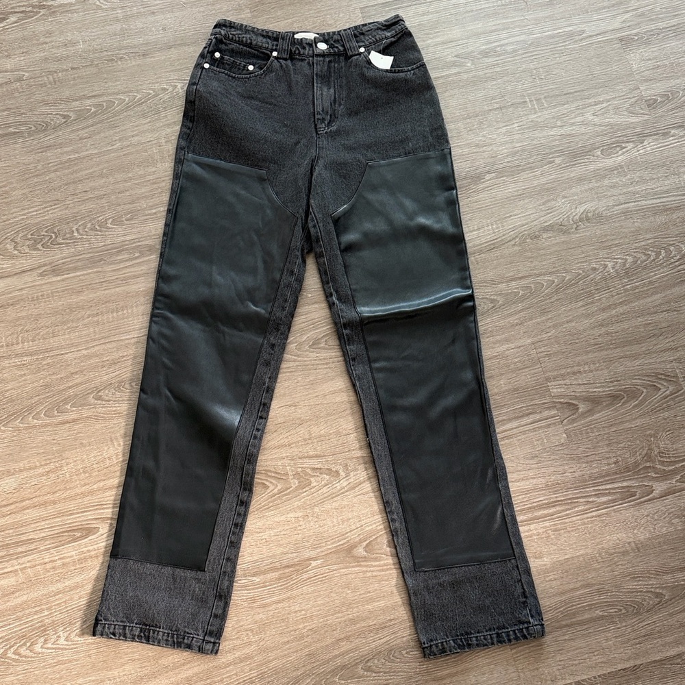 Avec Les Filles Leather Panel straight leg Jeans - Picture 2 of 6